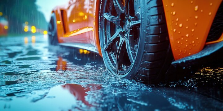 An orange sports car cruises on a wet road, creating beautiful water reflections.