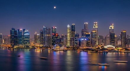 Obraz premium Singapore Skyline at Night with Moon.