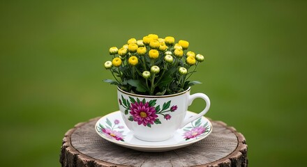 Yellow Chrysanthemums in Vintage Teacup on Wood Slice.