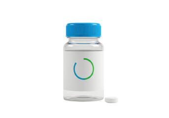 Isolated medical pill bottle with water and label, blue cap, and one small tablet