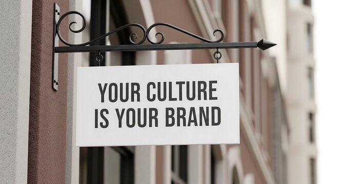 A white rectangular sign, mounted on an ornate black bracket, affixed to a building's exterior, proclaims "Your Culture Is Your Brand.". - Powered by Adobe