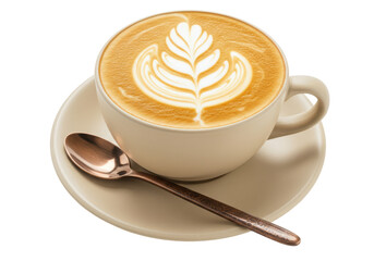 Isolated cappuccino with latte art design in a cup on a saucer with a spoon lying next to it