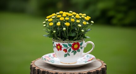 Yellow flowers in a vintage teacup on a wooden stump.