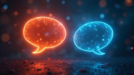 Two glowing neon speech bubbles, one red and one blue, symbolize digital communication, online chat, and AI dialogue, set on a dark background with vibrant bokeh lights.