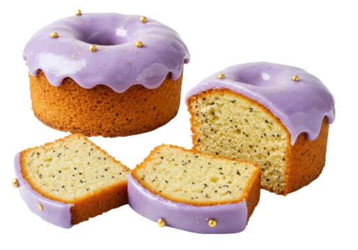 Isolated cakes with lilac icing and golden sugar balls, fresh homemade food, dessert baking