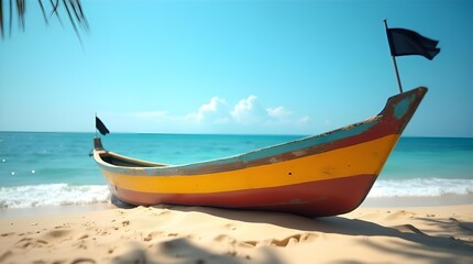 Fototapeta premium Colorful traditional wooden fishing boat resting on a pristine sandy tropical beach. Bright blue ocean and sky create a serene coastal paradise scene.