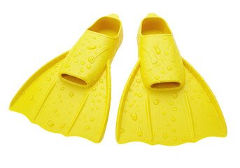 Isolated pair of bright yellow diving fins with water droplets for snorkeling and swimming
