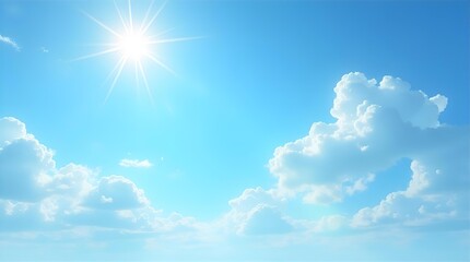 Vibrant Bright Blue Sky with a Radiant Shining Sun and Fluffy White Cumulus Clouds, a Clear Beautiful Peaceful Sunny Summer Day Nature Background Image.