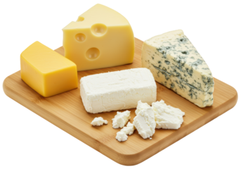 Isolated cheese board featuring assorted varieties and types of cheese on a bamboo surface