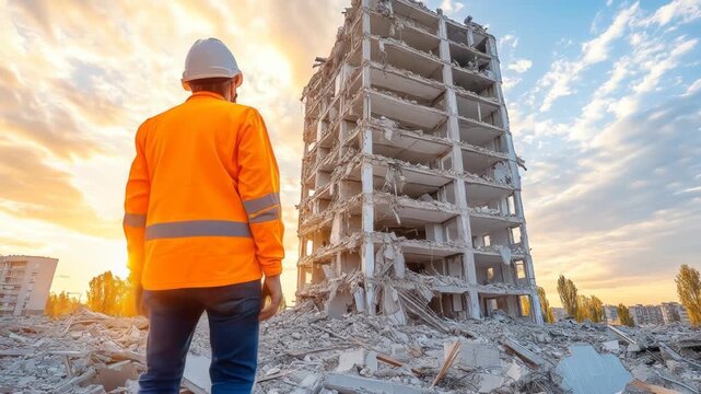 Engineer oversees the aftermath of a building demolition, considering urban redevelopment at sunset