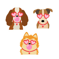 set of isolated fun dogs wearing heart glasses blowing bubblegum