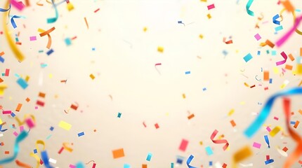 Bright colorful confetti and curling ribbons falling on a soft gradient background, ideal for festive celebrations, party invitations, joyful event designs, and happy event banners.