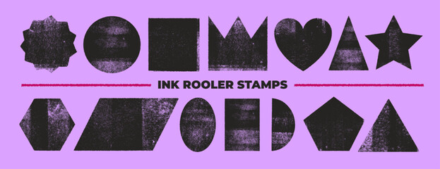 Obraz na płótnie Canvas Geometric stamps with linocut texture effect. Collection of geometric forms and shapes with grunge ink roller texture. Vintage and retro old effect. Vintage highly detailed letterpress forms.