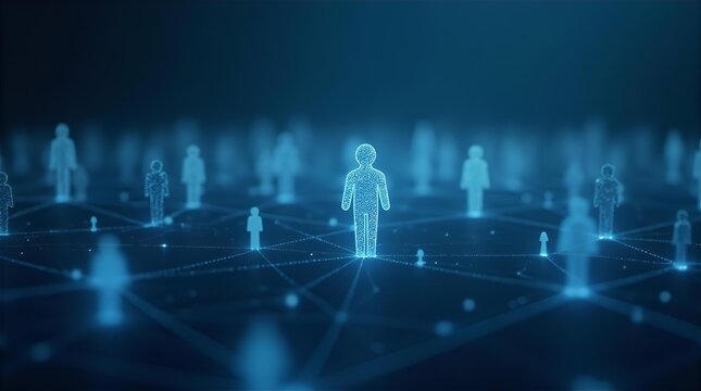 Abstract digital network of glowing blue human icons connected by lines, depicting a futuristic global social community, technology, and data connections.