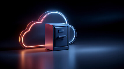 A silver box with a red and blue cloud behind it