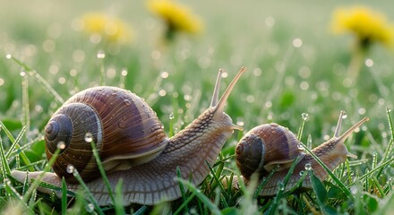 Two snails journeying through a dewy meadow on a serene morning adventure landscape