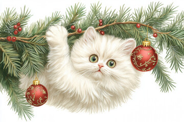 A kitten Persian grabs a Christmas tree toy on a branch