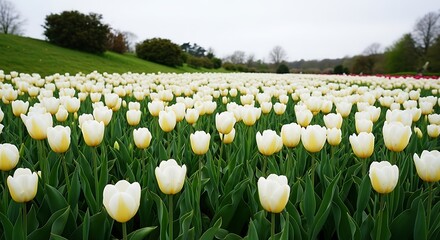 Vast Field of White Tulips in Bloom.
