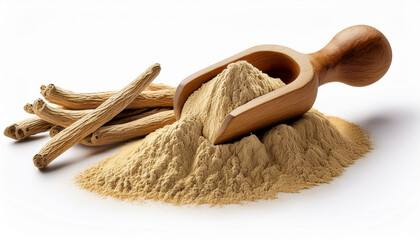 A Wooden Scoop Filled With Organic Ashwagandha Withania Somnifera Powder Placed Beside A Heap Of Ashwagandha Roots Isolated On A White Background