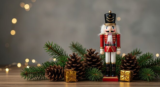 Classic Red Nutcracker Figure with Pinecones and Festive Lights on Wood Table