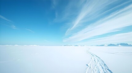 Vast pristine polar snow landscape under a bright blue sky with wispy clouds and a faint trail leading to the distant mountains, evoking a sense of cold wilderness.