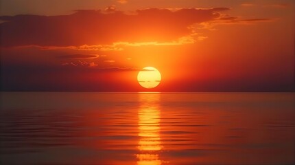 Vibrant orange and red sunset over calm ocean water with golden sun reflection and dramatic clouds. Beautiful serene nature landscape.