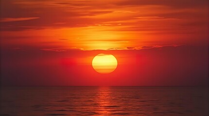 Stunning golden hour sunset over the tranquil sea, featuring a brilliant orange sun and dramatic red sky reflecting on the calm ocean surface.