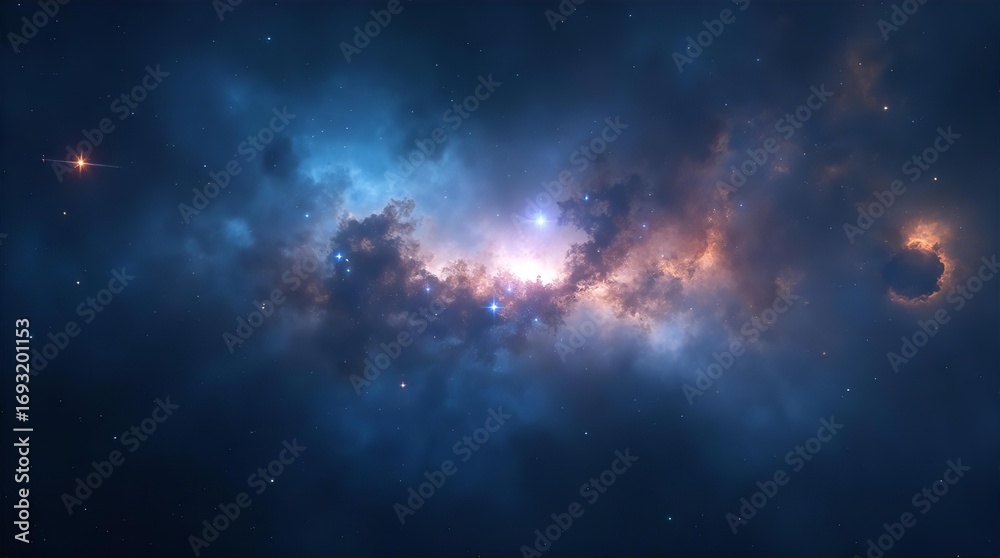 Wall mural vibrant cosmic nebula with glowing blue and orange gas clouds, scattered stars, and a bright luminou
