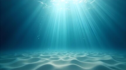Fototapeta premium Captivating deep blue underwater scene with brilliant sun rays streaming through the clear ocean water, gently illuminating a serene sandy seafloor with soft ripples below.