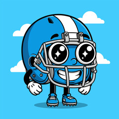 A happy blue football helmet character, illustrated with a wide smile and big, expressive eyes, conveying a cheerful and energetic sports mascot personality