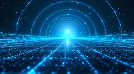 Futuristic blue digital tunnel with glowing particles and abstract data grid leading to a bright light, representing advanced technology, artificial intelligence, and cyberspace innovation.