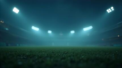 Dramatic low angle view of an empty football stadium pitch at night, with bright, cool-toned floodlights piercing through thick atmospheric mist, illuminating the lush green grass.
