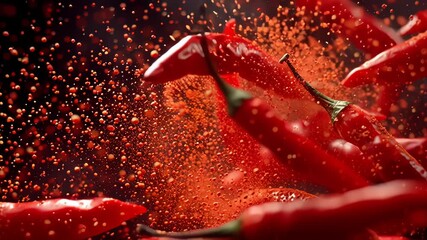 Super Slow Motion Shot of Rotating Red Chilli Peppers with Powder, Filmed on High Speed Cinematic Camera - Powered by Adobe