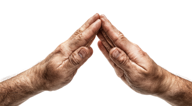 Two weathered hands clasped together, forming a roof-like shape against a black background.  The hands are positioned symmetrically,  showing creases and texture