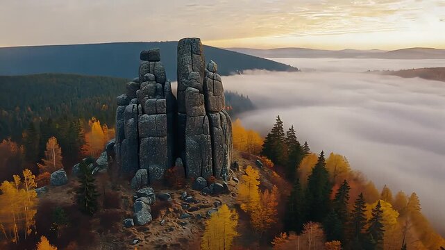 Tall rocky formation standing on lush green hills beneath a dramatic cloudy landscape sky
