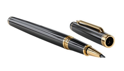 Close-up of a dark gray pen with gold accents