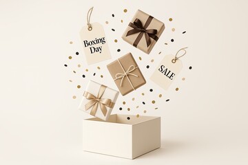 Boxing Day sale promotion poster with open gift box releasing elegant gift boxes and price tags with text "Boxing Day" and tag "Sale" in neutral calm colors