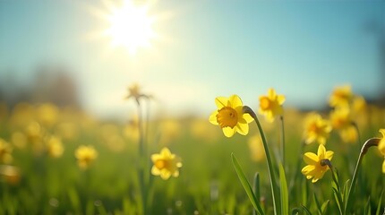 Fototapeta premium Gorgeous yellow daffodils bloom vibrantly in a sunny spring field under a bright blue sky. Beautiful natural outdoor scene with warm sunshine and green grass.