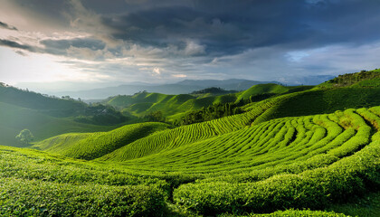 Fototapeta premium Lush Green Tea Plantations Spread Across Rolling Hills Under Cloudy Skies In The Early Morning Light