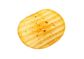 Isolated rippled potato chip seasoned with red pepper spice on plain background