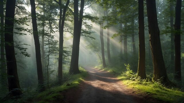 Camino en bosque verde con rayos de sol iluminando la vegetaci&oacute;n