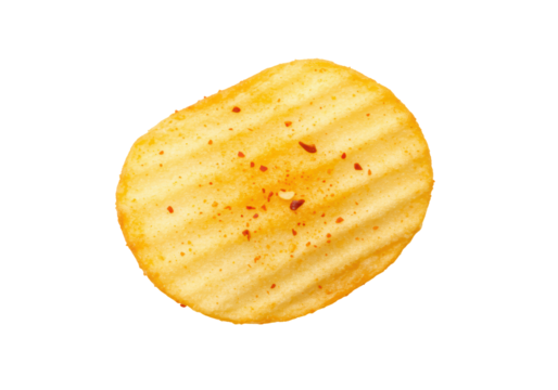 Isolated rippled potato chip seasoned with red pepper spice on plain background