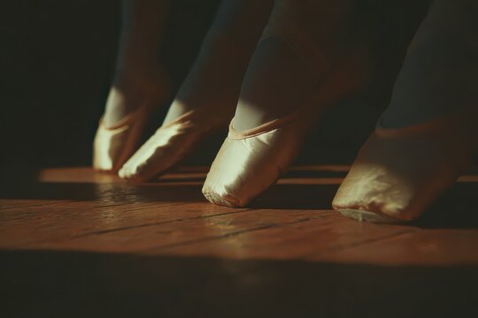 Ballet dancers poised elegantly on pointe shoes against a warm wooden floor, showcasing the grace of the art form in a tranquil dance studio setting