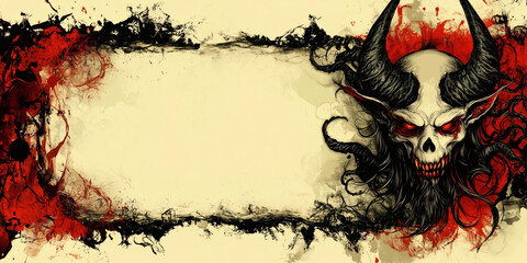 Demonic Skull with Horns on Red Black Grunge Background, Wide Copy Space