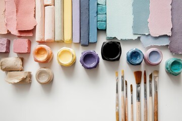 Colorful pastel sticks and paints arranged neatly on a table for an artistic festival or crafting event