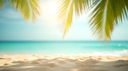 Obraz premium Idyllic tropical beach scene with golden sand, turquoise ocean, and bright blue sky, framed by blurred palm leaves and warm sunlight. Perfect summer vacation background.