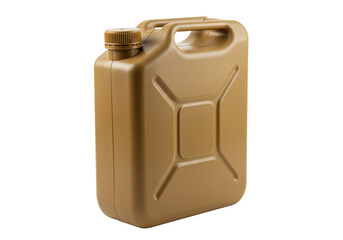 Isolated olive-brown plastic jerrycan fuel container with ribbed cap, raised handle, and indentation