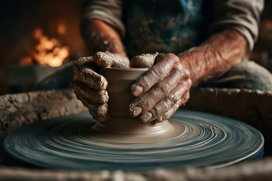 Crafting ceramic masterpieces at a pottery wheel during a vibrant arts festival in a small town in early spring