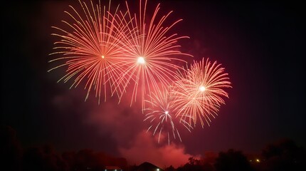Magnificent vibrant red and golden fireworks illuminate the dark night sky with multiple brilliant bursts, creating a dazzling and festive light display for celebrations and events.