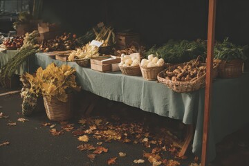 Autumn market booth showcases seasonal vegetables and herbs for harvest festival